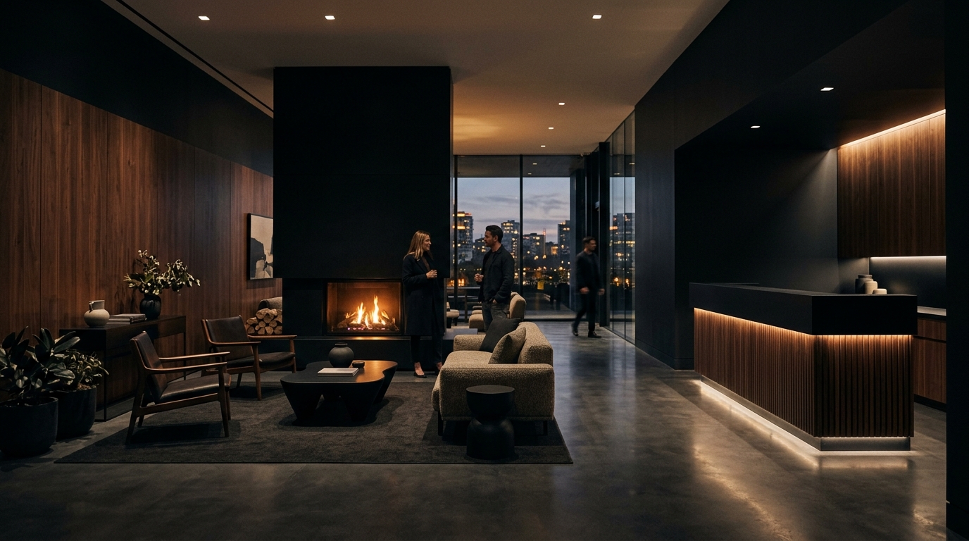 Boutique lobby at dusk