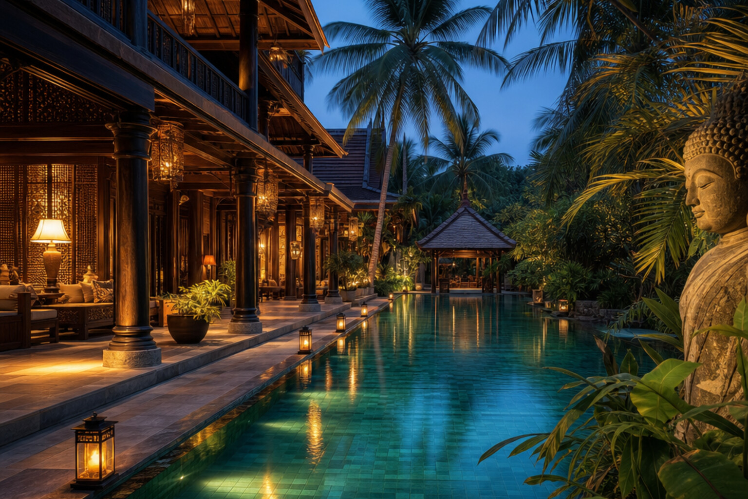 Boutique Southeast Asia hotel pool at dusk